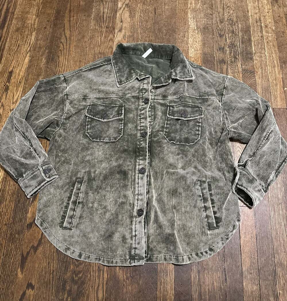 Zenana Mineral Washed Corduroy Shacket Olive Green 3X Boho Shabby Chic Fall